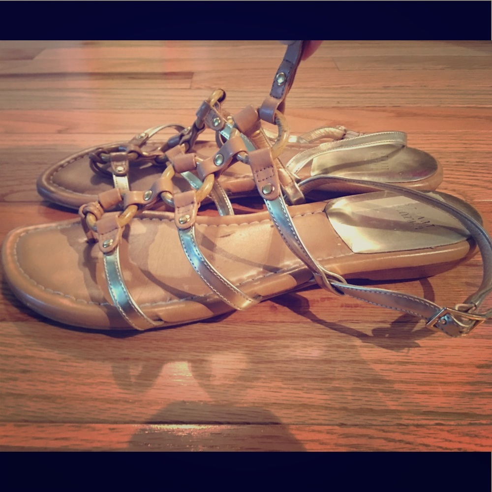 Stuart Weitzman Tan and Gold Strappy Gladiator Sandals